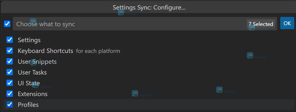 VS Code 官方 Settings Sync 配置界面,展示同步项选择入口