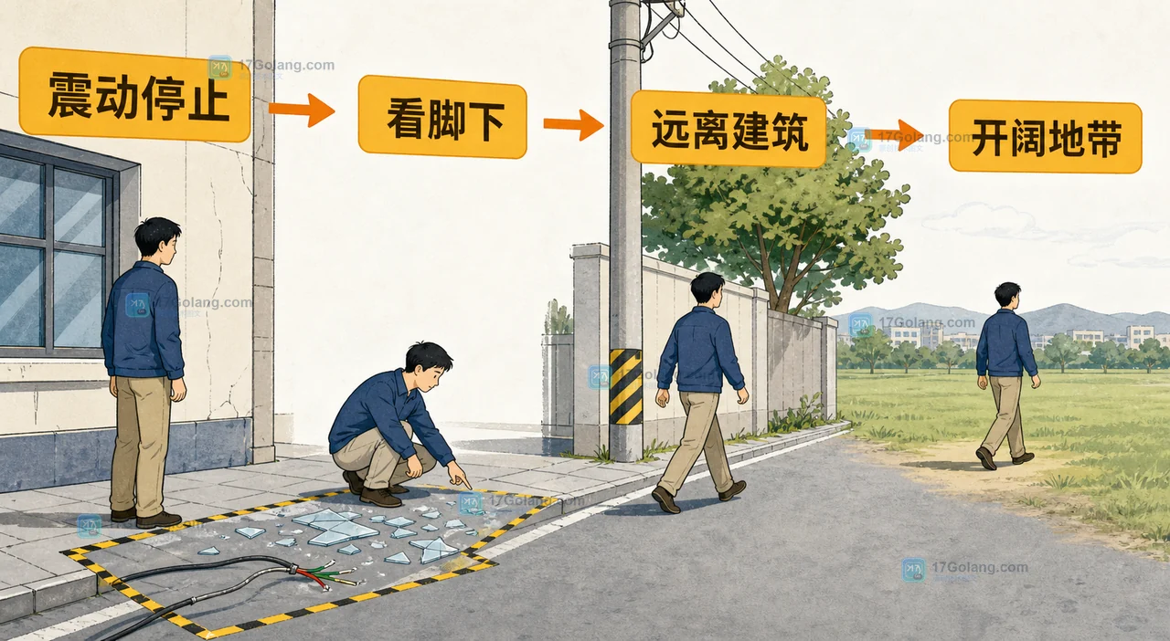 地震停止后从室内撤到开阔地带并避开建筑外墙电线杆的安全核对图
