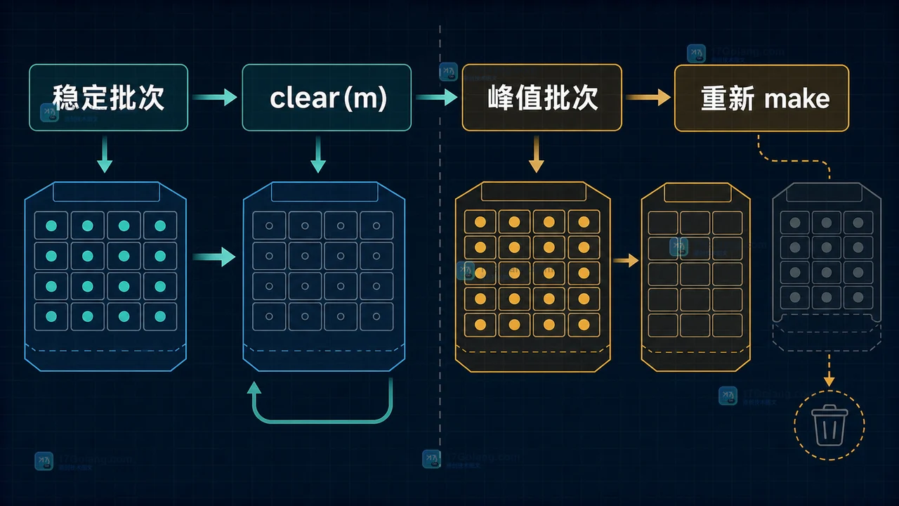 Go map clear 清理与容量复用的生命周期对比示意图
