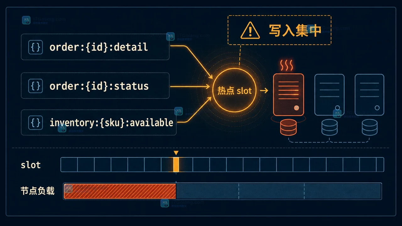 Redis Cluster 哈希标签改造前，订单与库存集中到同一个热点 slot 的资源分布示意图