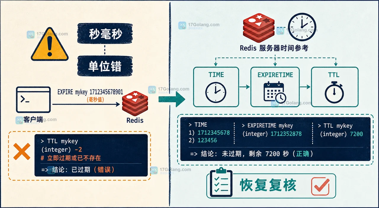 Redis EXPIRETIME 怎么核对绝对过期时间：秒级时间戳、时钟偏差与恢复检查