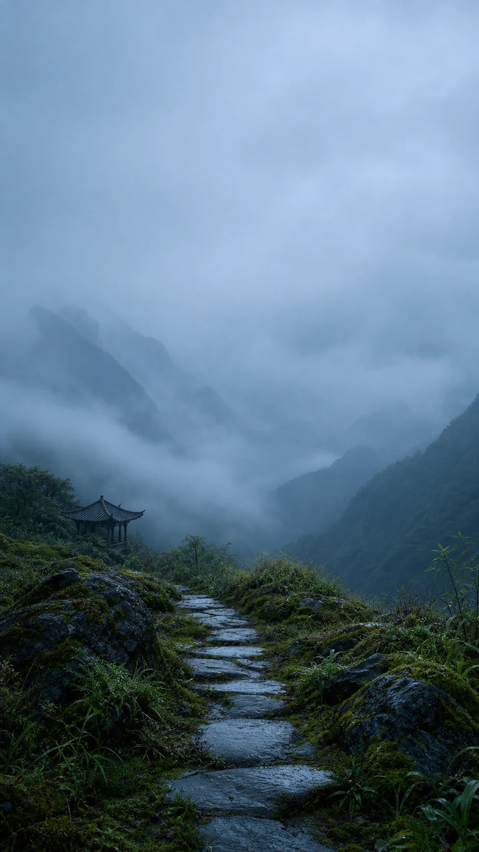 雨后青苔石阶与山间茶亭手机壁纸提示词：中英文完整词与锁屏留白变体