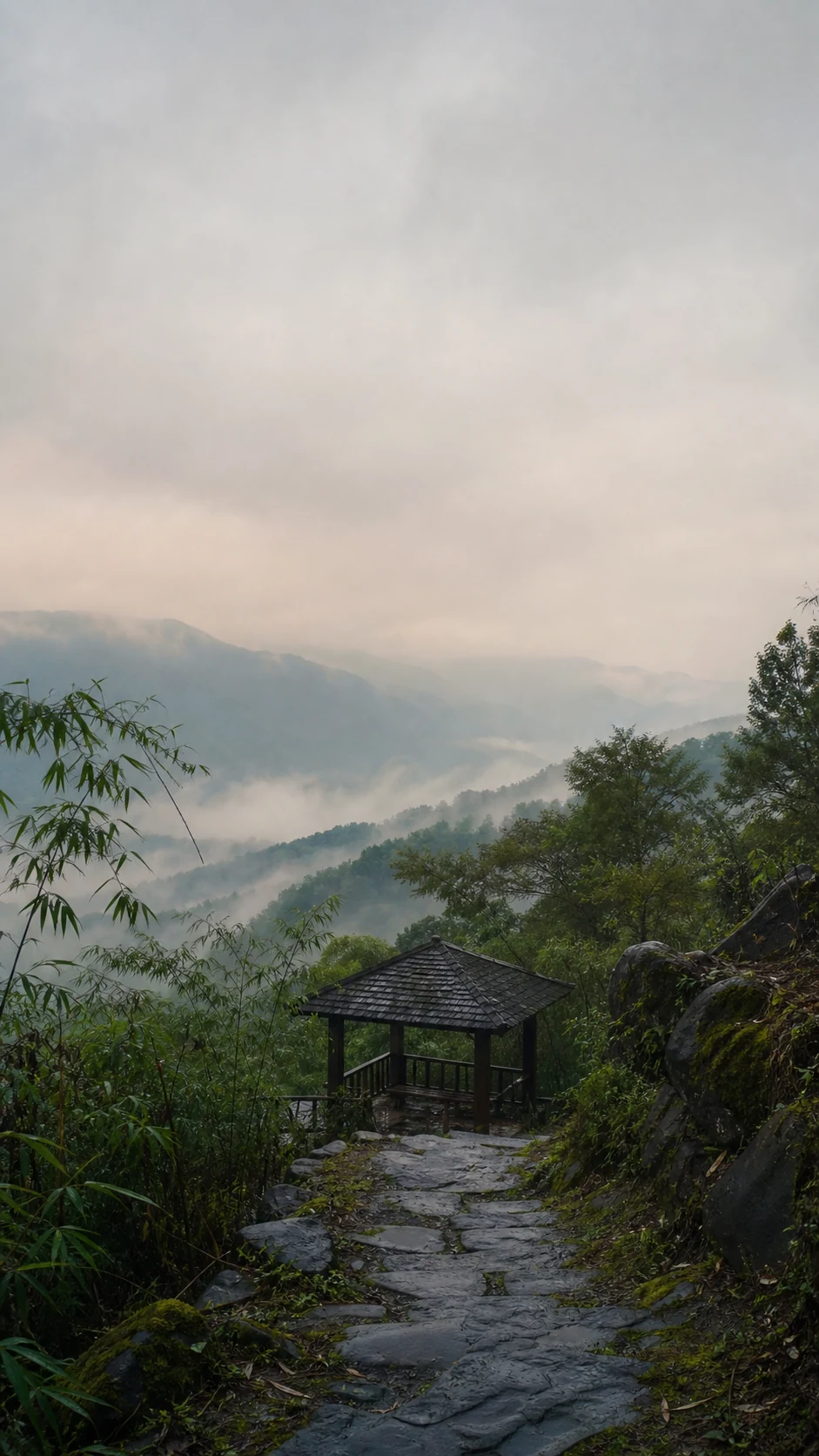 雨后青苔石阶通向山间木茶亭的竖屏手机壁纸主图