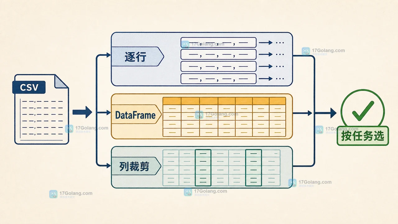 Python CSV 读取选型：csv 逐行、pandas 表格与 polars 列裁剪的调用链对比