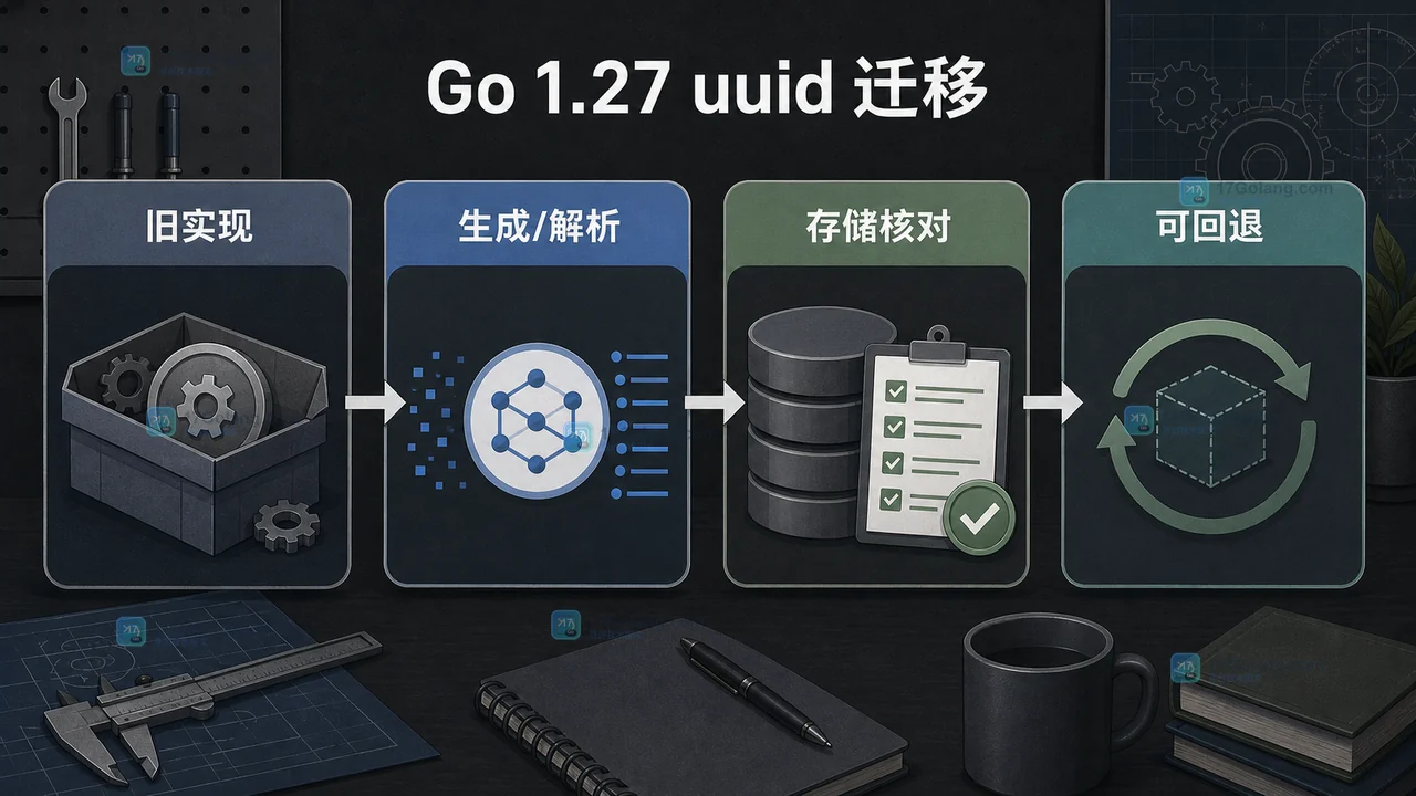 Go 1.27 uuid 从旧依赖到标准库的迁移核对链,包含生成解析存储和回退节点