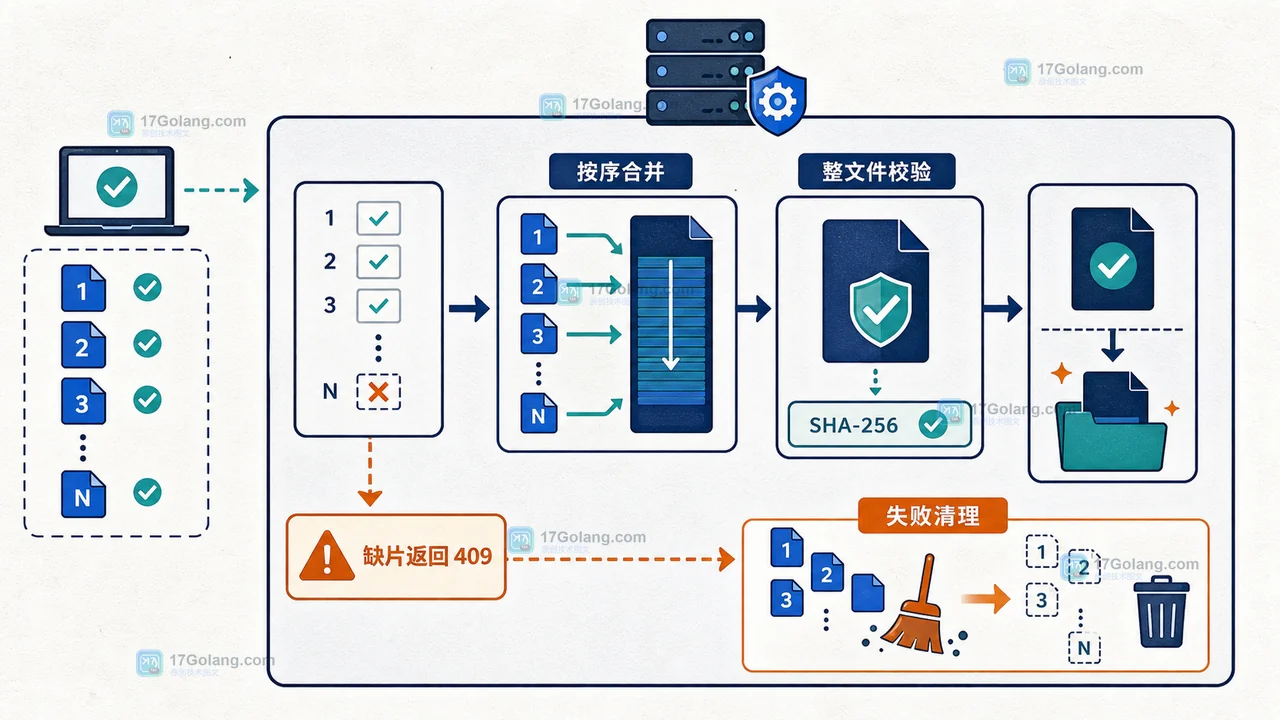 PHP 断点续传合并前检查缺片、合并后整文件校验与失败清理流程