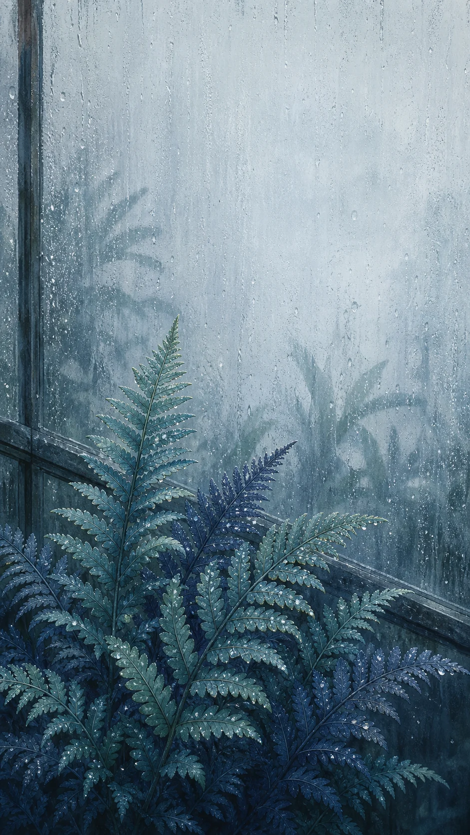 雨后玻璃温室里的蓝色蕨叶手机壁纸怎么画：中英文提示词与锁屏留白变体