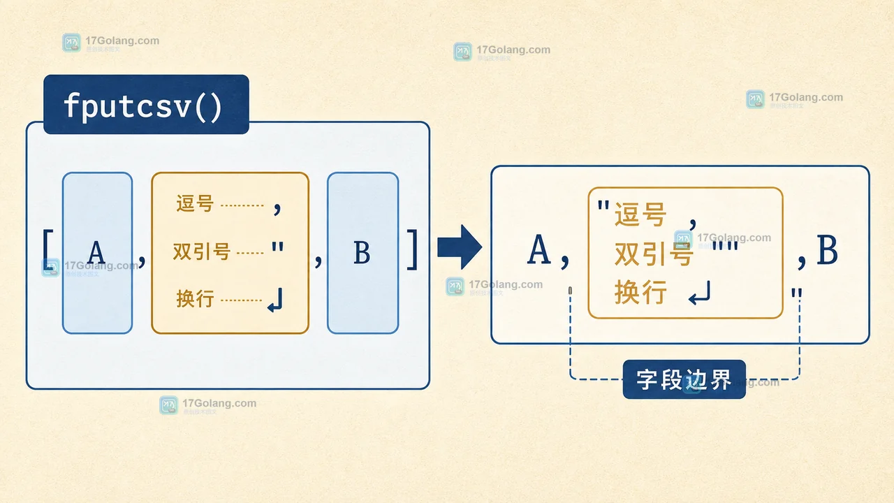 PHP fputcsv 处理逗号、双引号和换行字段后保持 CSV 列边界的编辑插画