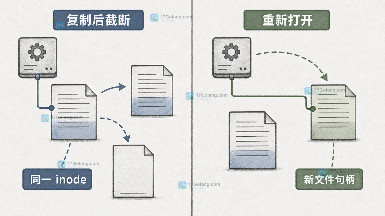Linux copytruncate 与重新打开日志的轮转策略对比示意图