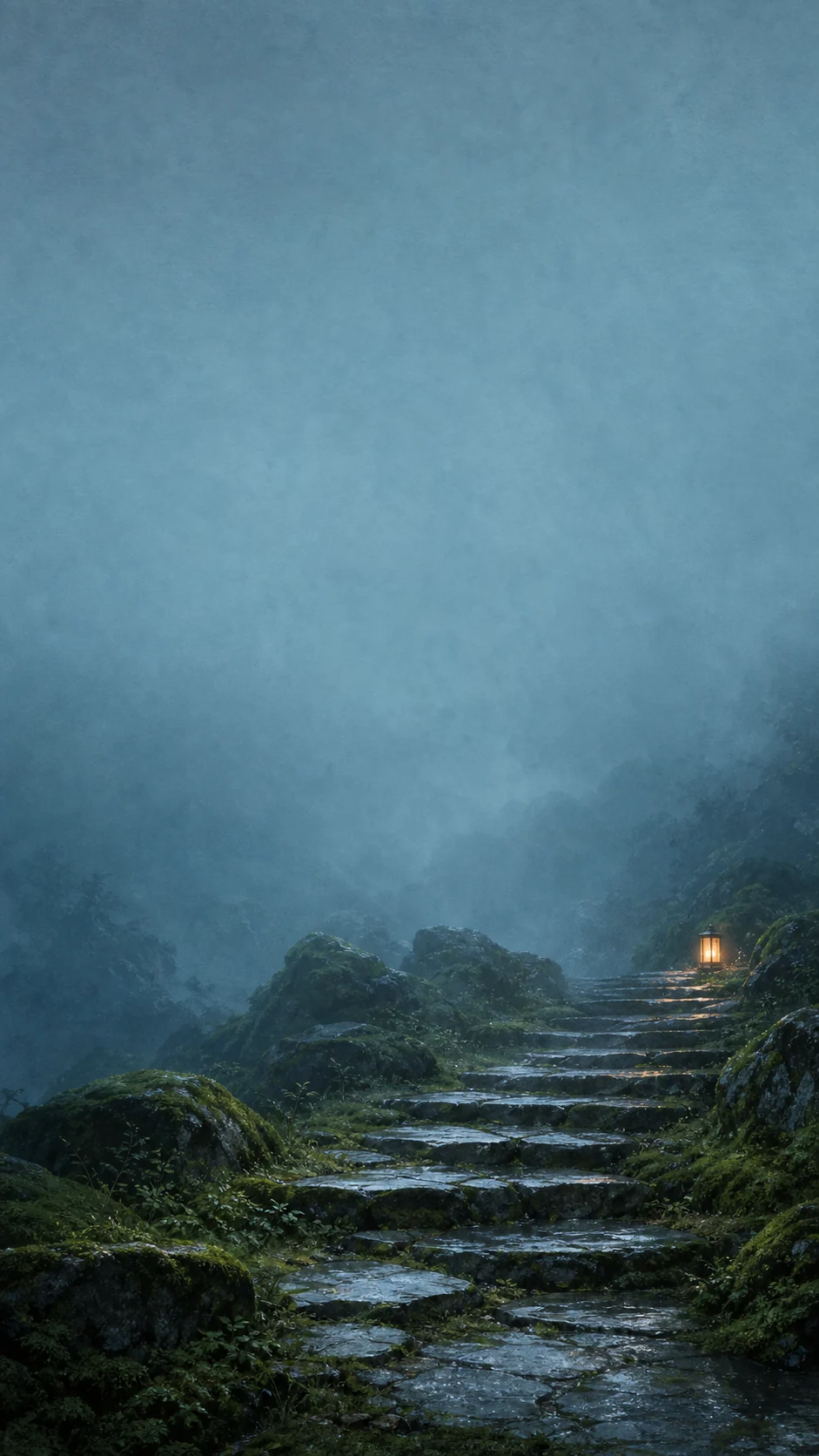 雨后苔藓石阶与纸灯笼手机壁纸提示词：锁屏留白与冷暖变体