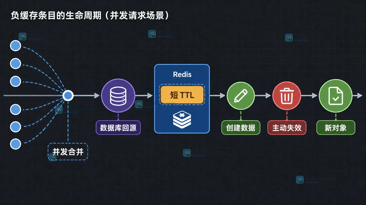Redis 空值短 TTL、主动失效与并发回源之间的生命周期关系图