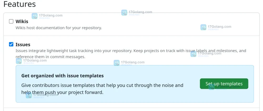 GitHub 官方文档中的 Issues 设置与 Set up templates 入口截图