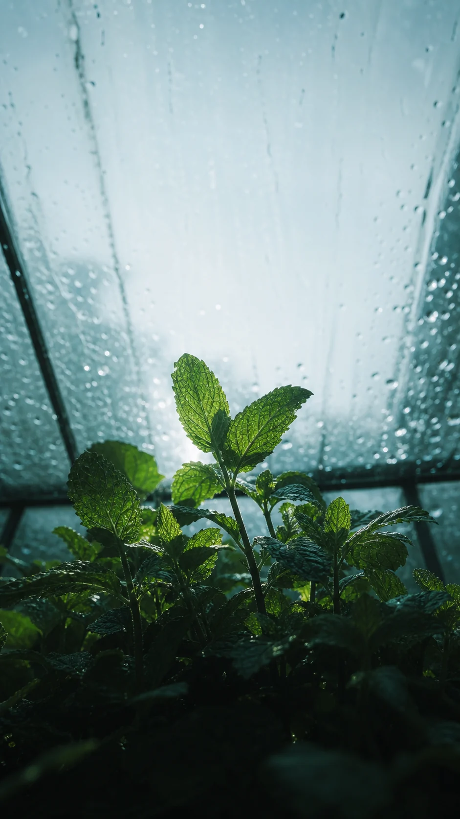 雨后玻璃温室里的薄荷光影手机壁纸：锁屏留白与冷暖渐变提示词