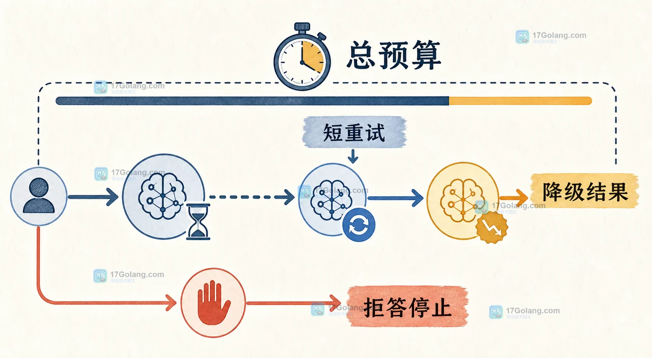 多模型路由在总时间预算内处理重试、候选切换、降级和最终状态的二维工程示意图