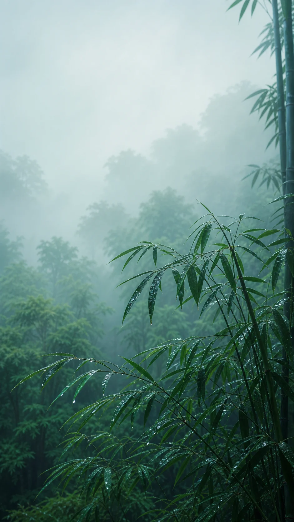 雨后竹林微光手机壁纸怎么留出锁屏时间区：青绿色主图与雾气变体提示词