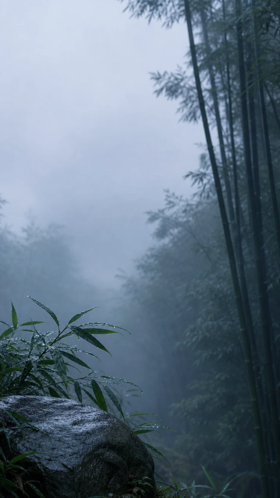 雨后竹林冷蓝雾气手机锁屏变体,左下湿石落点,上方保持大面积安静留白