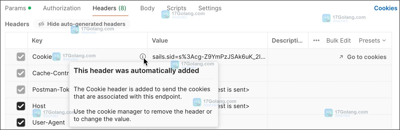 Postman 请求 Headers 中显示自动生成 Cookie,结合响应 Set-Cookie 核对会话是否发送