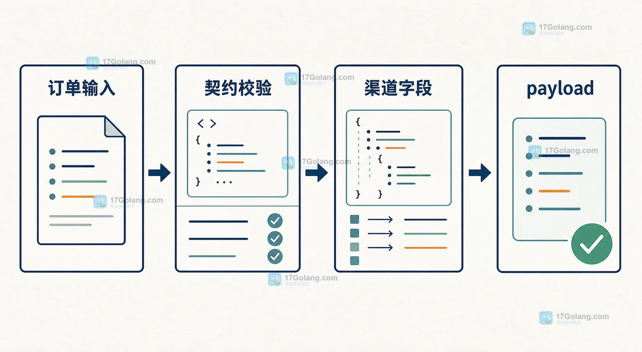 PHP 继承链从订单输入经过父类与接口校验到渠道 payload 验收的二维流程插画