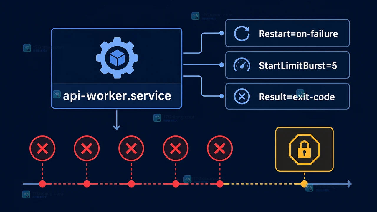 Linux 服务在 Restart 与 StartLimit 共同作用下反复重启的证据链示意图