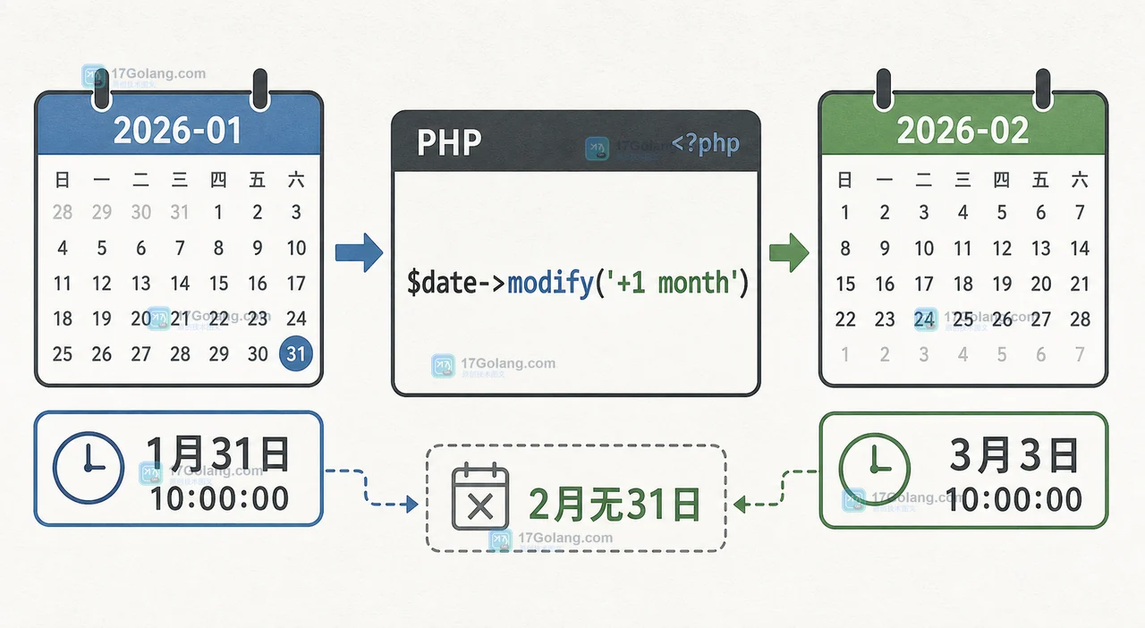 PHP DateTimeImmutable 从一月三十一日直接加一个月产生日期溢出的对比示意图