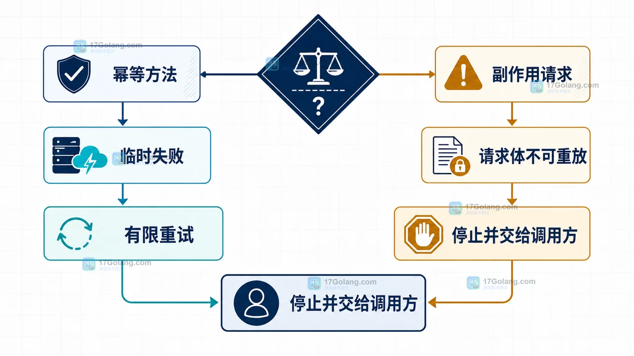 Go HTTP 重试按幂等方法、请求体和错误类型分流的原创决策示意图