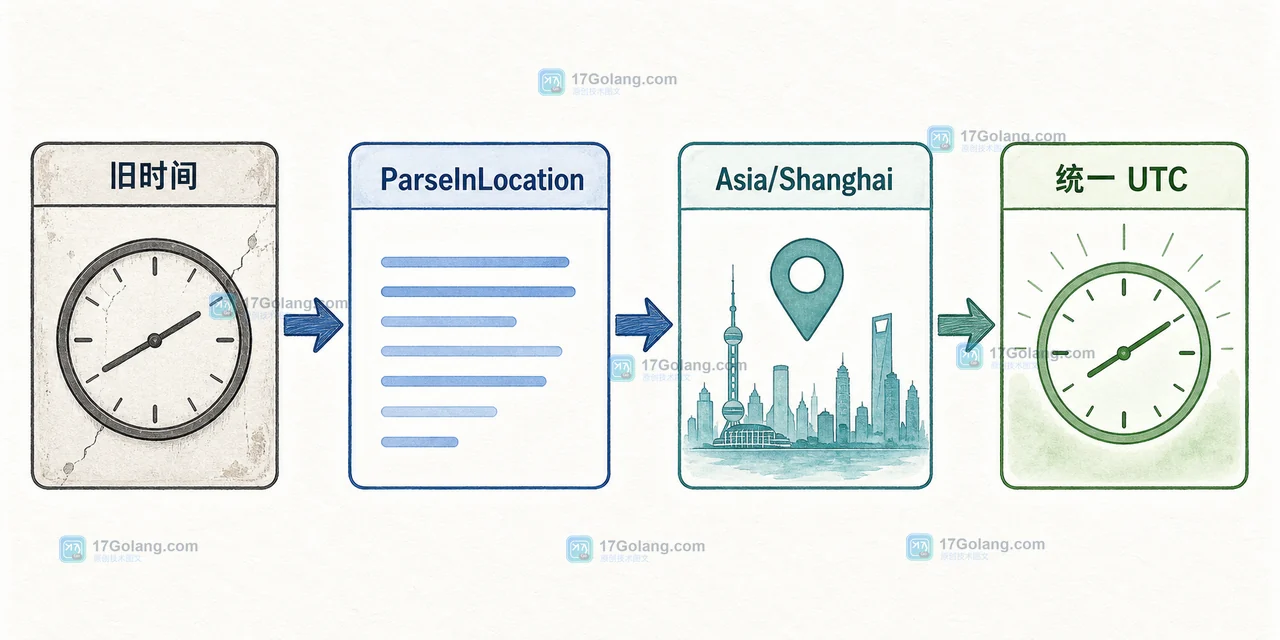 Go ParseInLocation 将无时区墙上时间绑定 Asia/Shanghai 后转换为统一 UTC 输出的等待链示意