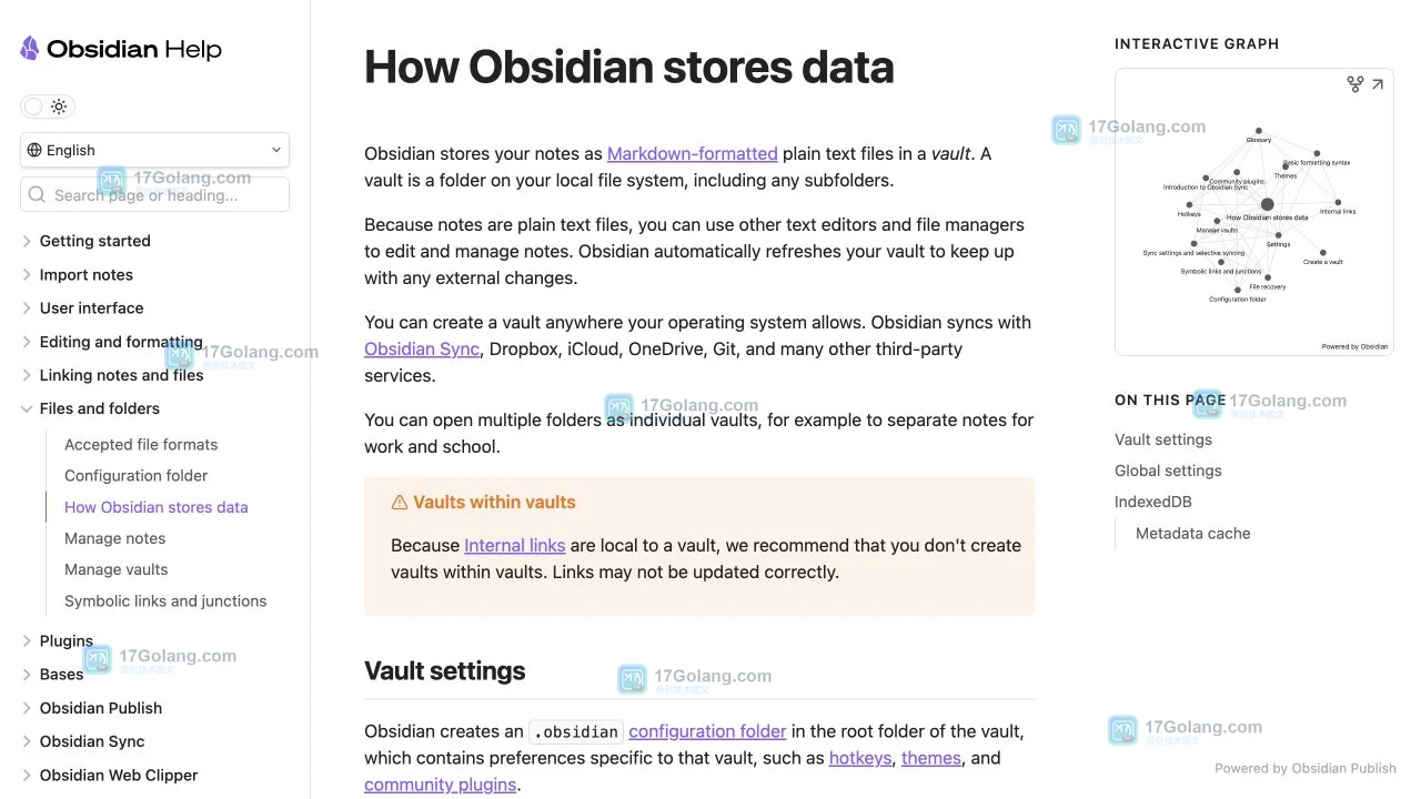 Obsidian 官方帮助页说明 vault 是本地文件夹和纯文本文件