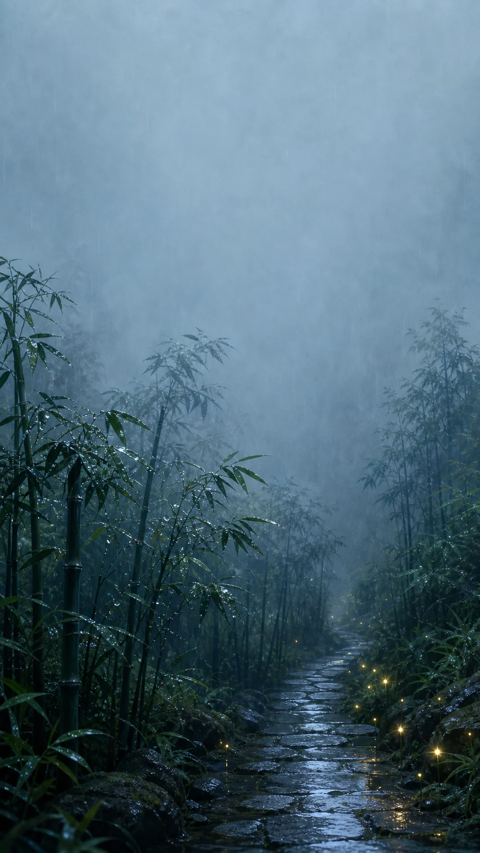 手机壁纸提示词：雨后竹林里的萤火微光与锁屏留白