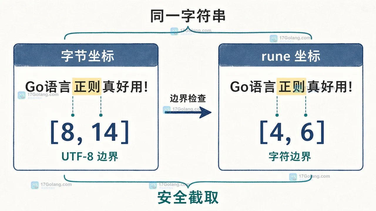 Go 正则字节下标转换为 rune 区间时的 UTF-8 边界检查