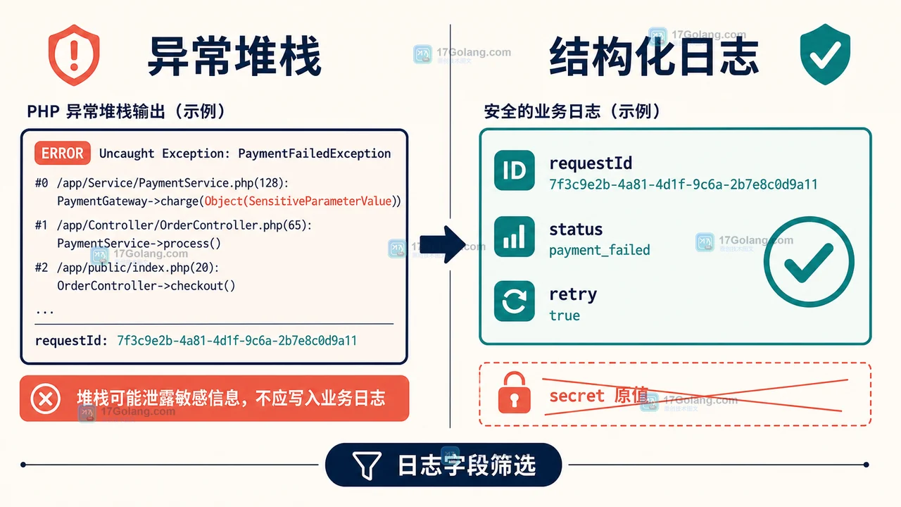 PHP SensitiveParameterValue 怎么安全记录异常：脱敏对象与日志边界