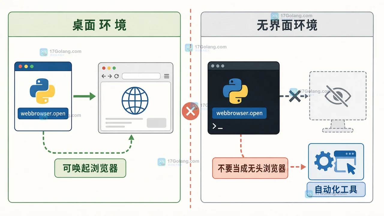 Python webbrowser 在桌面环境与无界面服务器之间的能力边界对照图