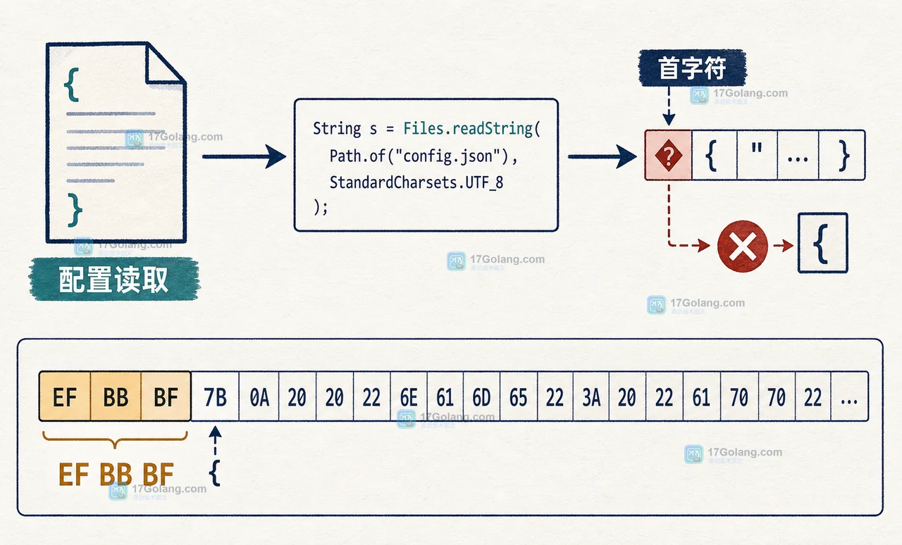 Java Files.readString 读取 UTF-8 配置乱码：BOM、字符集与首字符排查