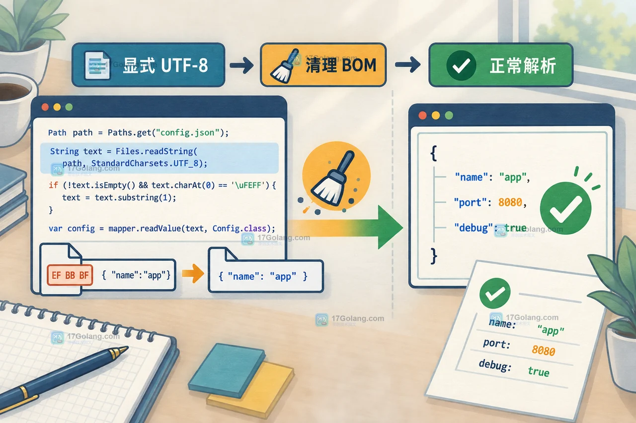 Java 显式 UTF-8 读取与首字符 BOM 清理的前后对比，最终配置正常解析