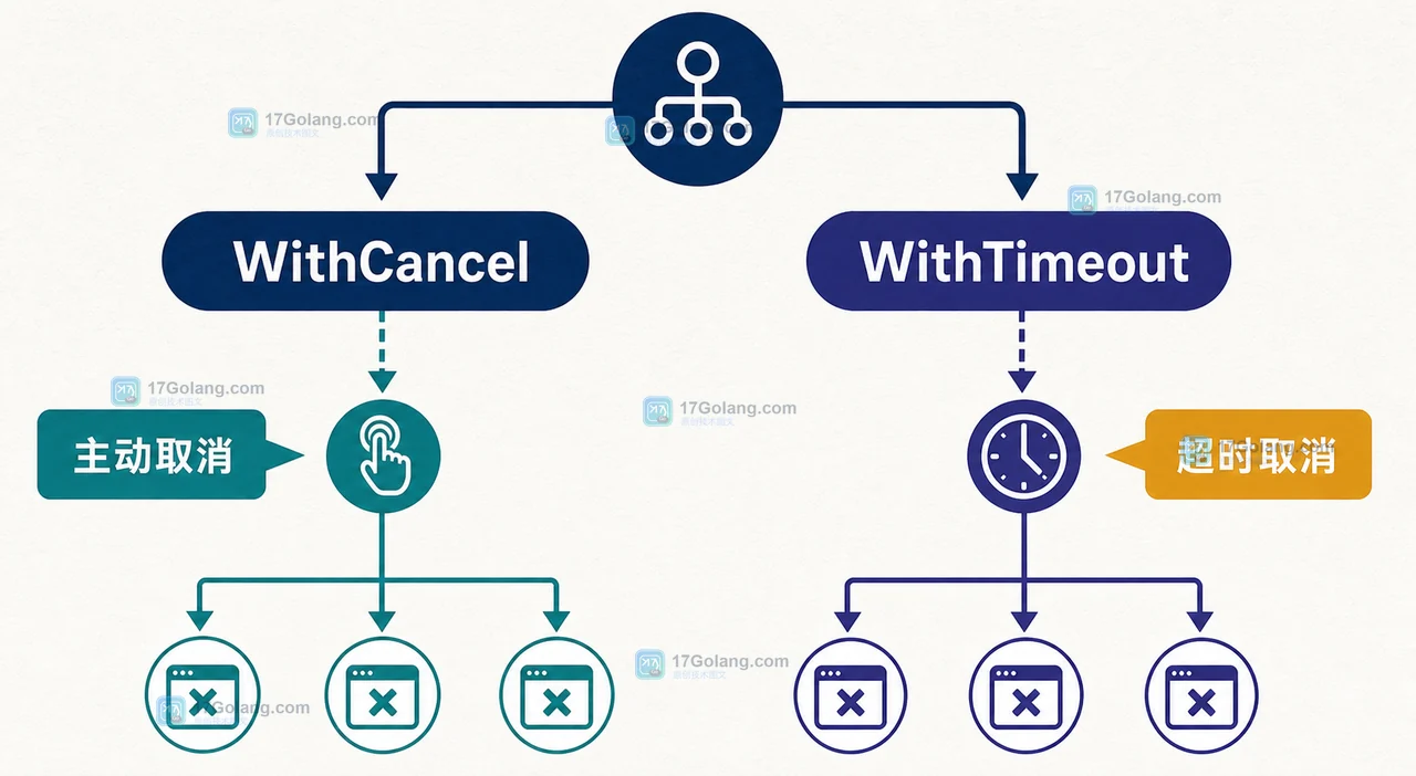 Go 的 context.WithCancel 为什么不能替代超时控制：取消传播与 deadline 的边界