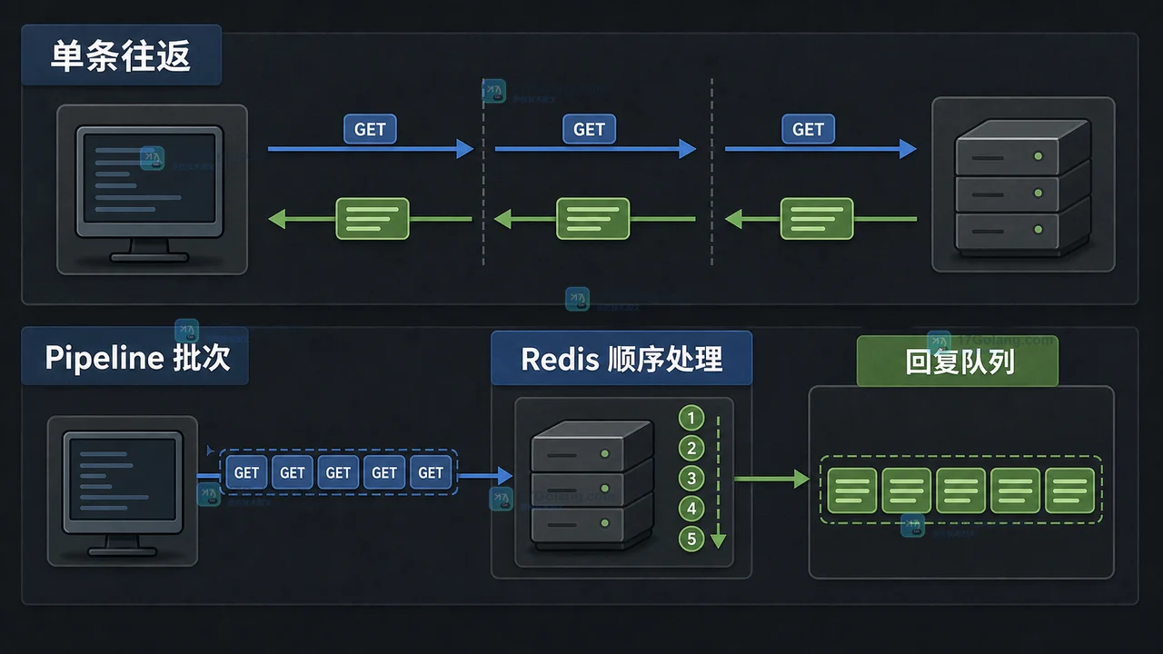 Redis Pipeline 将多次网络往返合并为批量请求，同时在客户端形成回复队列的工程示意图
