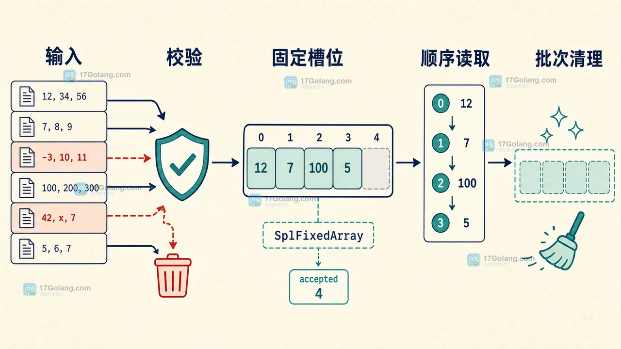 PHP SplFixedArray 从输入校验到固定槽位、顺序读取和批次清理的数据生命周期示意图