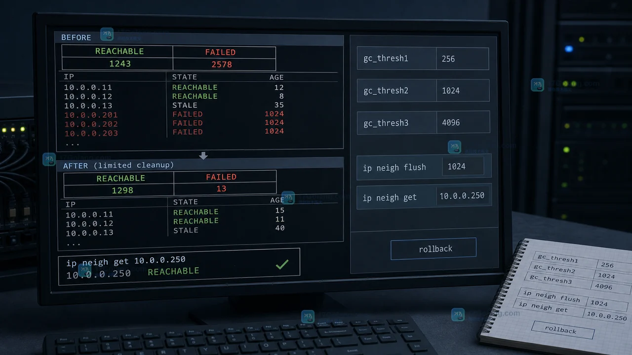 Linux ARP 邻居表满怎么查：ip neigh、gc_thresh 与局域网断连恢复