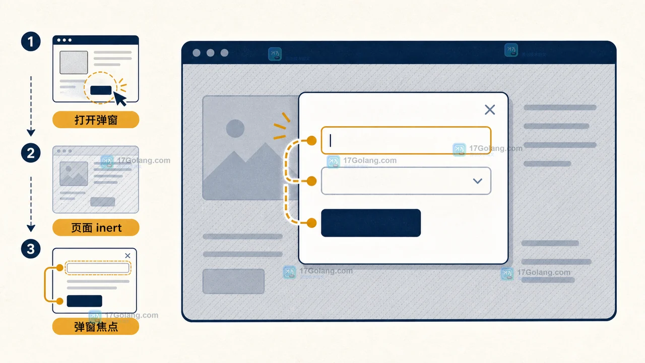 HTML inert 弹窗焦点边界：打开弹窗后页面内容不可交互，焦点进入弹窗
