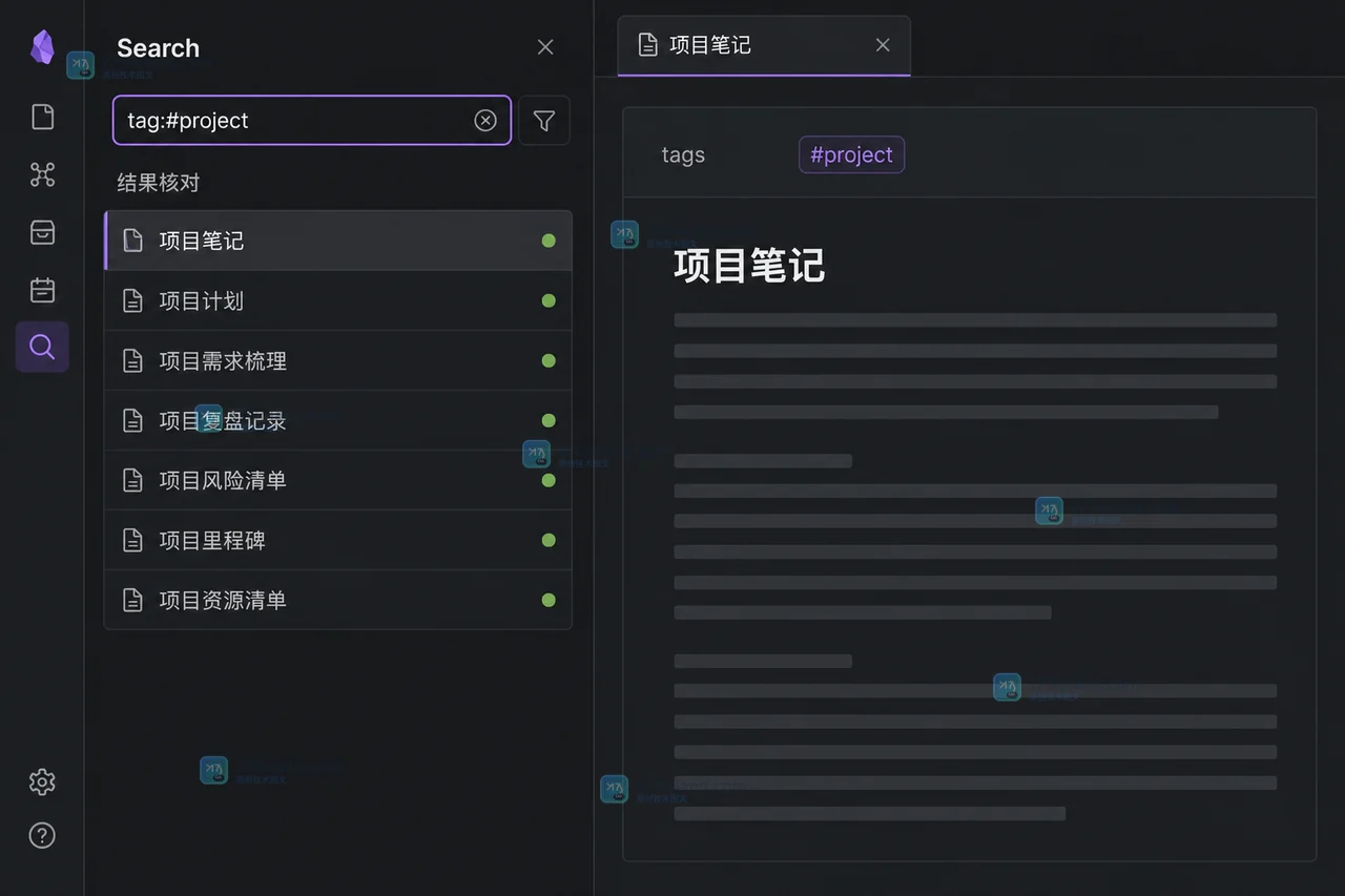 Obsidian Search 面板使用 tag 查询筛选 project 标签,结果列表可继续打开笔记做结果核对
