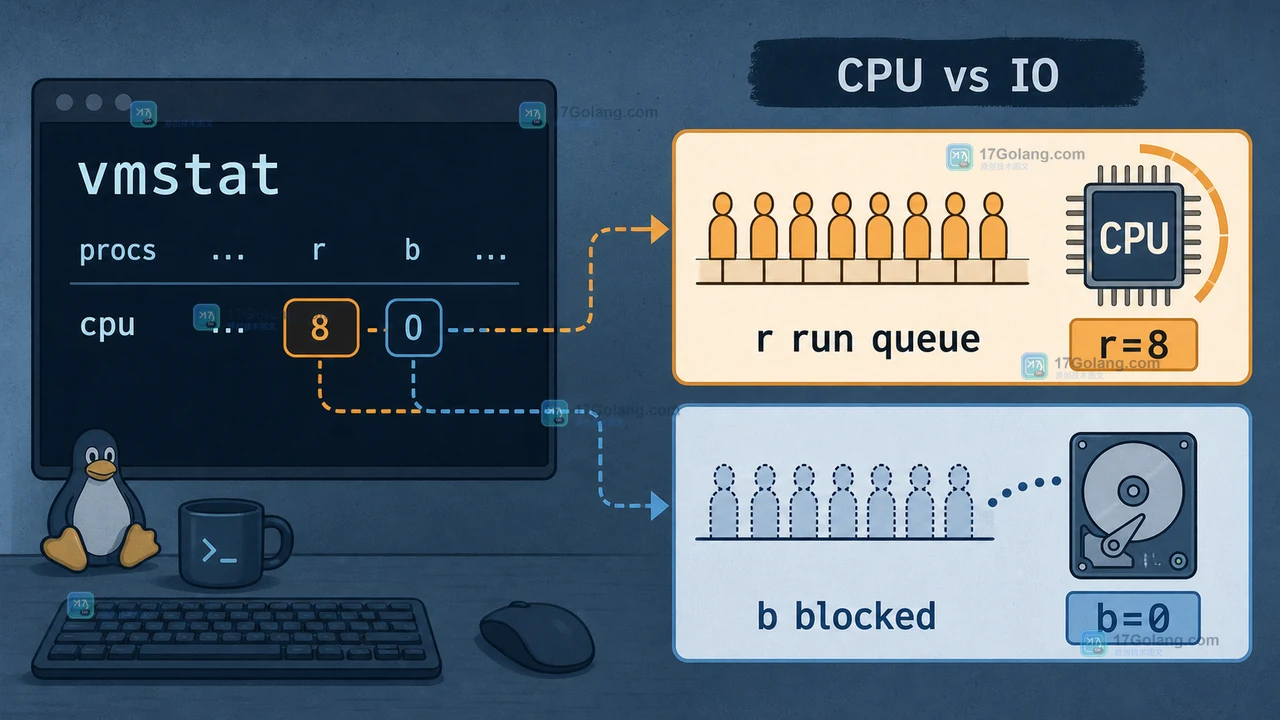 vmstat 中运行队列 r 与阻塞队列 b 的 Linux 性能排查示意图