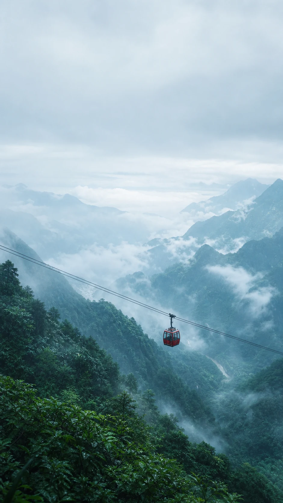 雨后山谷观景缆车手机壁纸提示词：云海留白与暖橙日照变体