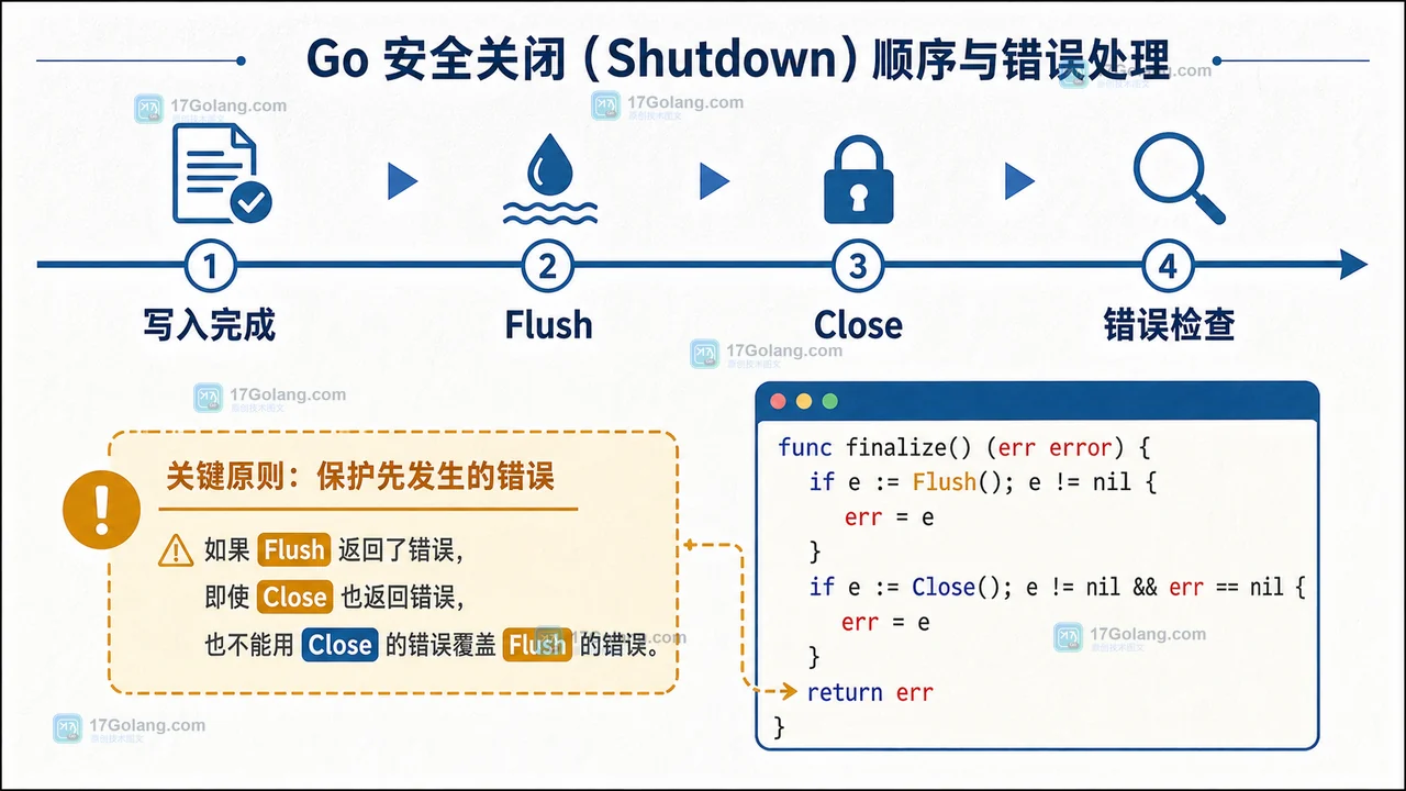 Go 日志退出时依次 Flush、Close 并保留错误的收尾检查示意图