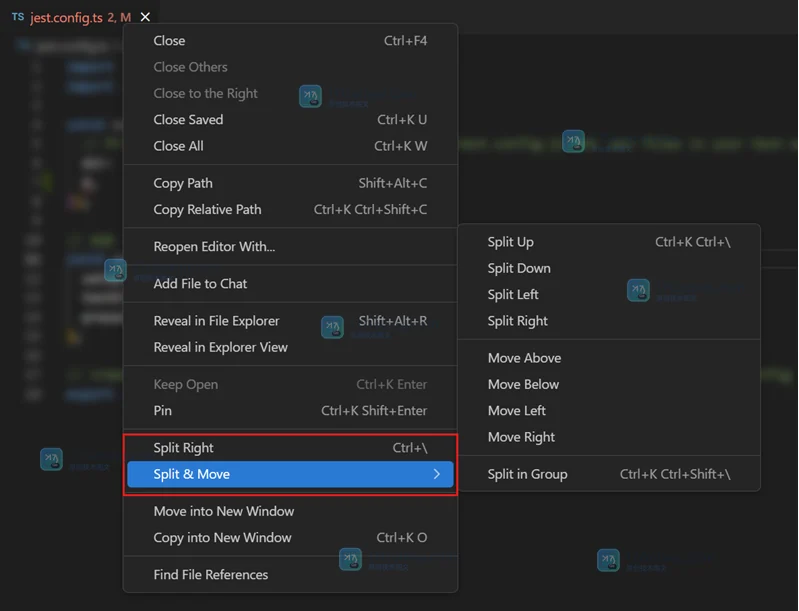Visual Studio Code 编辑器标签右键菜单中的 Split Left、Right、Up、Down 命令