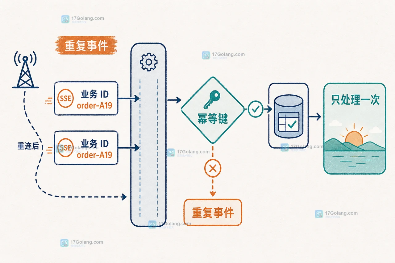 Go SSE 重复事件经过业务事件 ID 去重后只产生一次订单状态变更