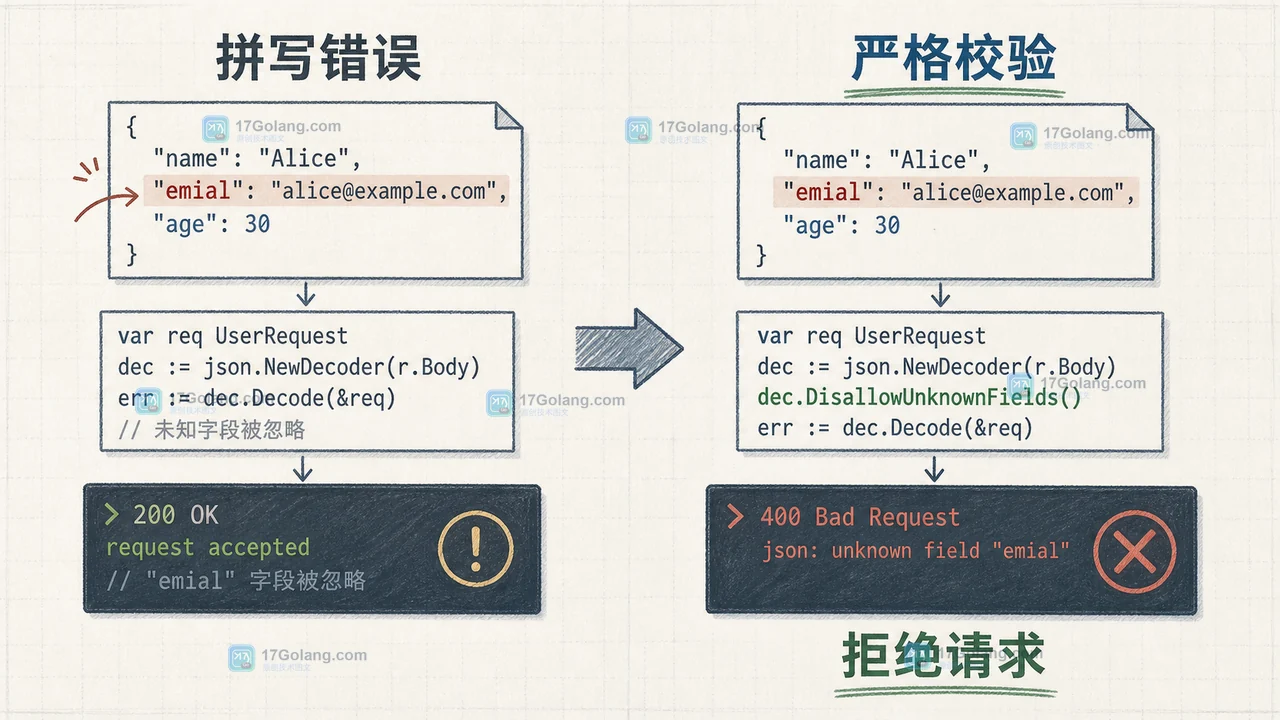 Go JSON 解码从未知字段静默忽略到核心字段严格校验的对照图