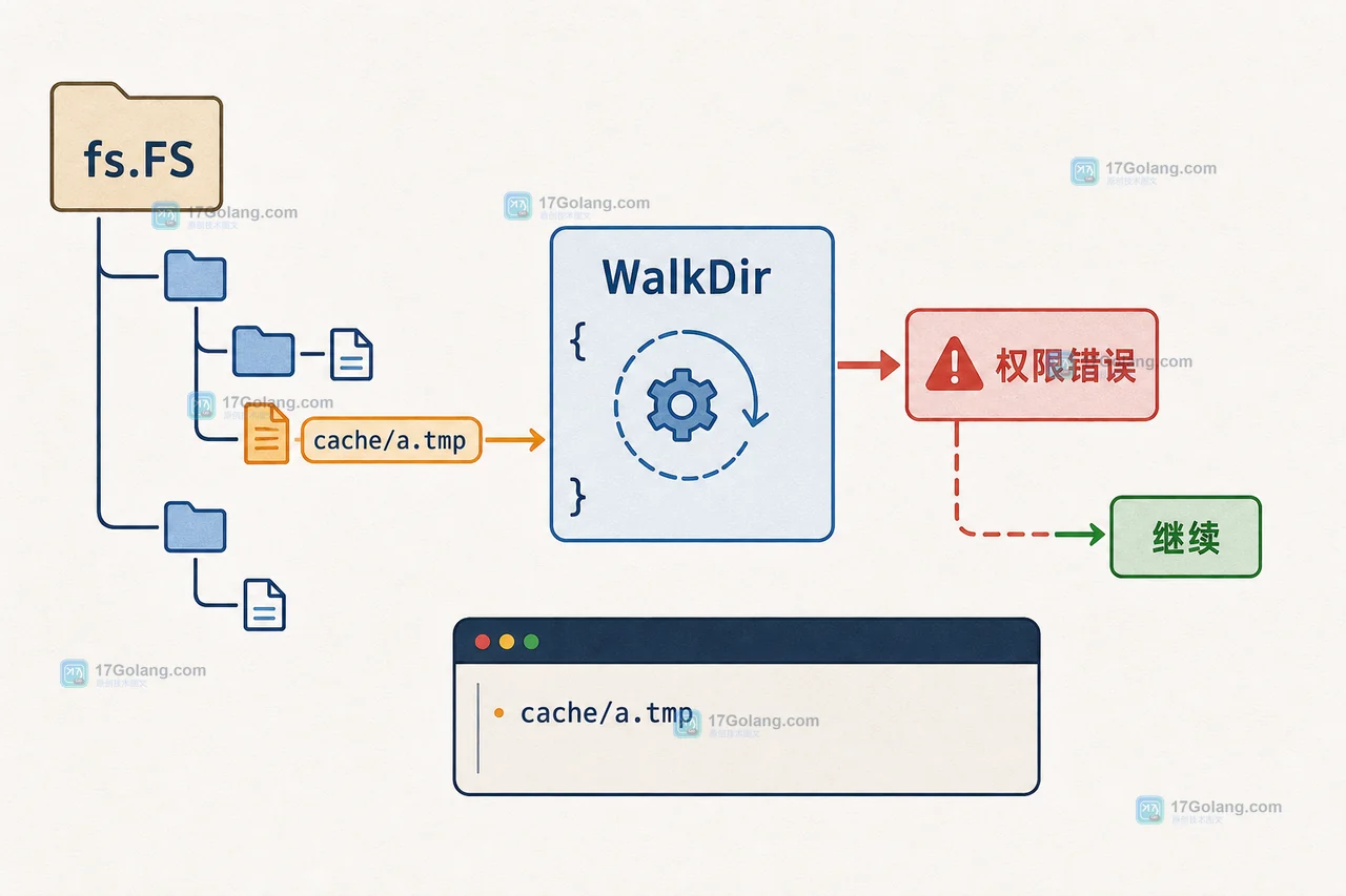 Go io/fs WalkDir 扫描目录时从入口到权限错误再到继续遍历的路径示意