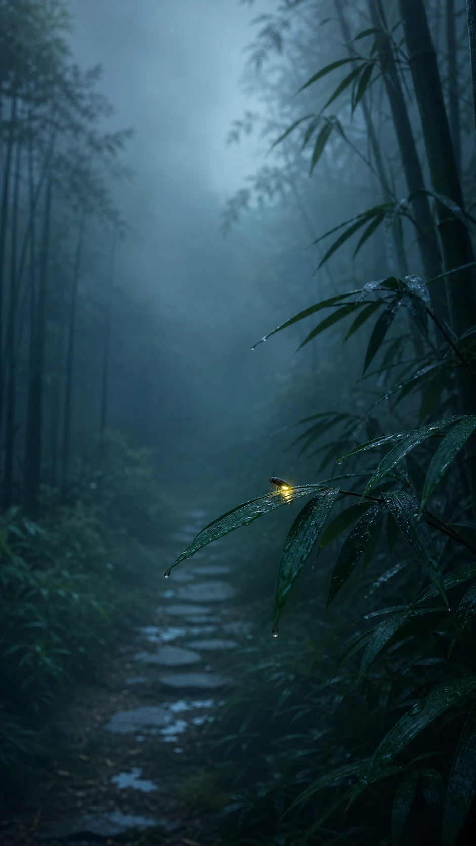 雨后竹林里的微光萤火虫手机锁屏壁纸提示词：冷青主图与暖金变体