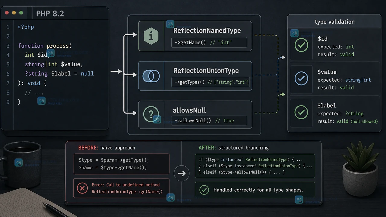 PHP 反射读取联合类型怎么做运行时校验：ReflectionType 与可空参数的判断顺序
