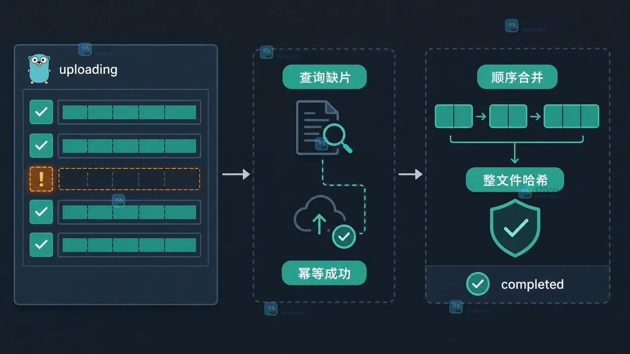 Go 上传任务查询缺片、幂等重试并在合并后复核整文件哈希的工程流程图