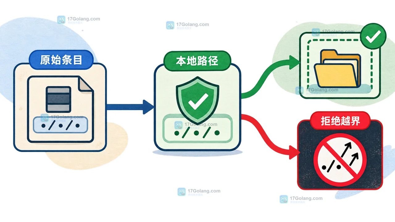 Go archive/tar 解包怎么防路径穿越：清理文件名、目录边界与链接条目验收